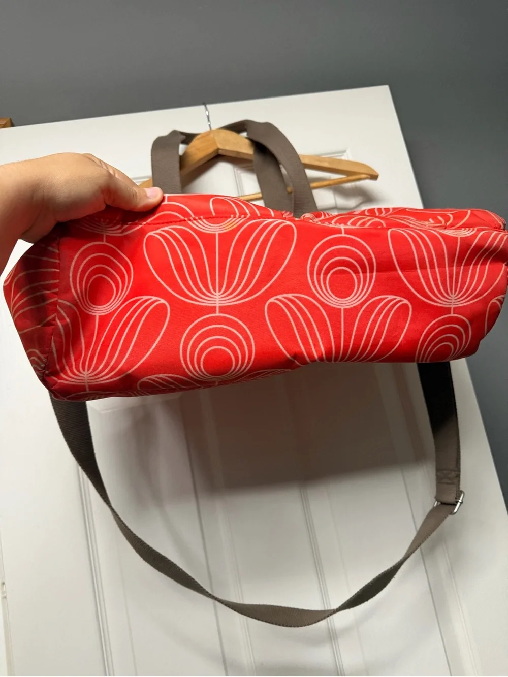 Red Orange Floral Tote Bag with Brown Straps - Orla Kiely Style
